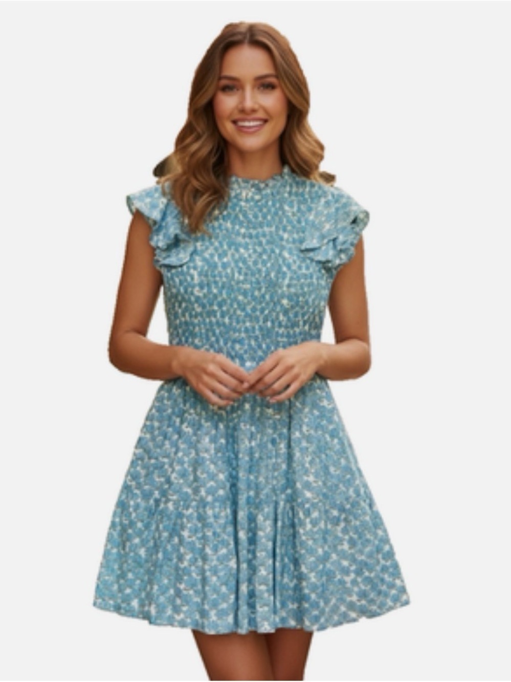 SLV Sur La Vague Aqua Floral Smocked Mini Dress Size 6 NWT Flutter Sleeves Lined